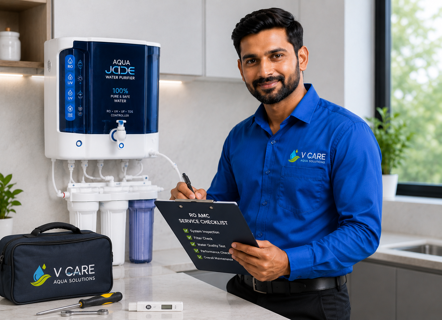 RO AMC service technician maintaining a water purifier in Bangalore