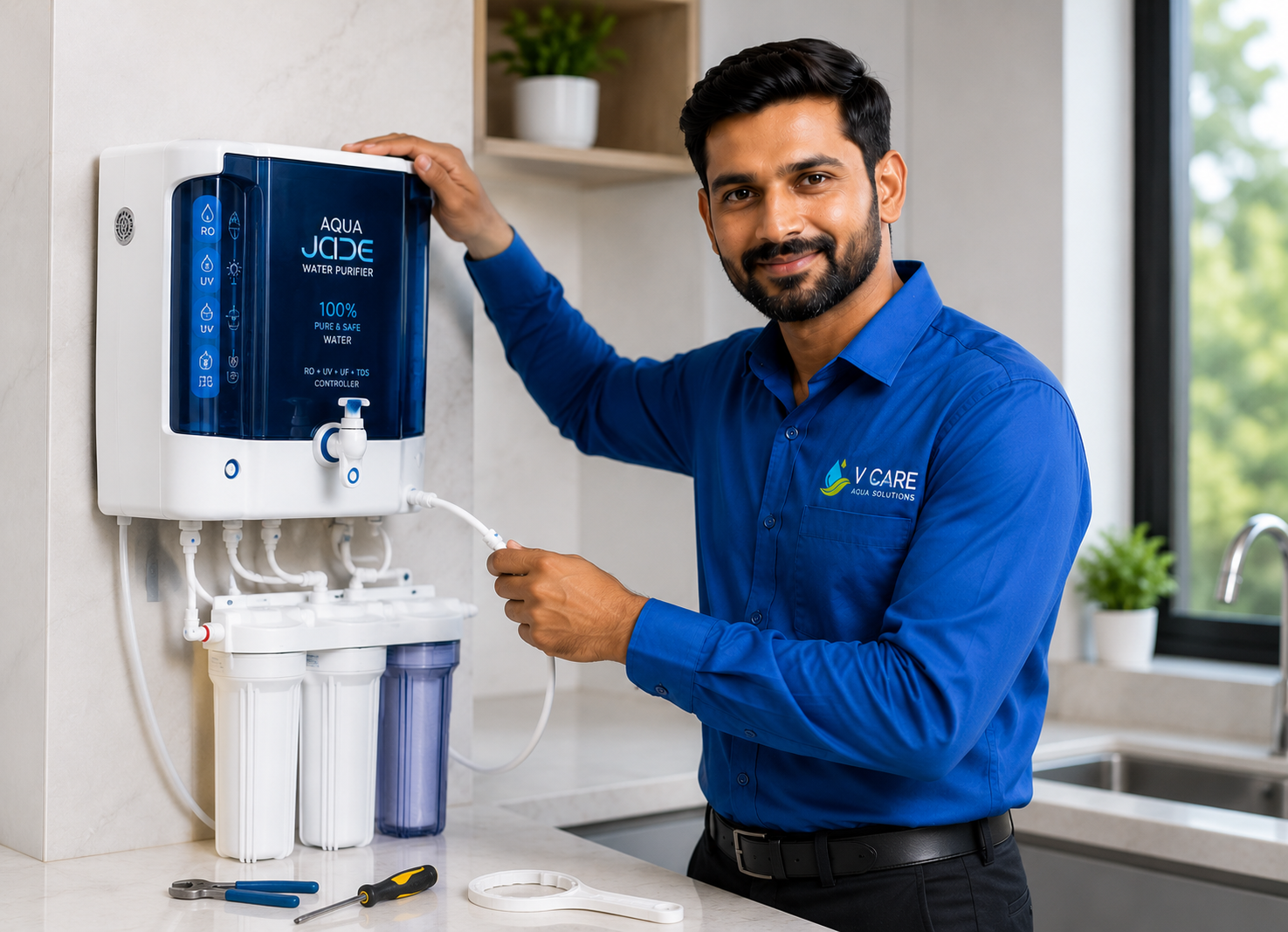 RO installation technician installing a water purifier in Bangalore