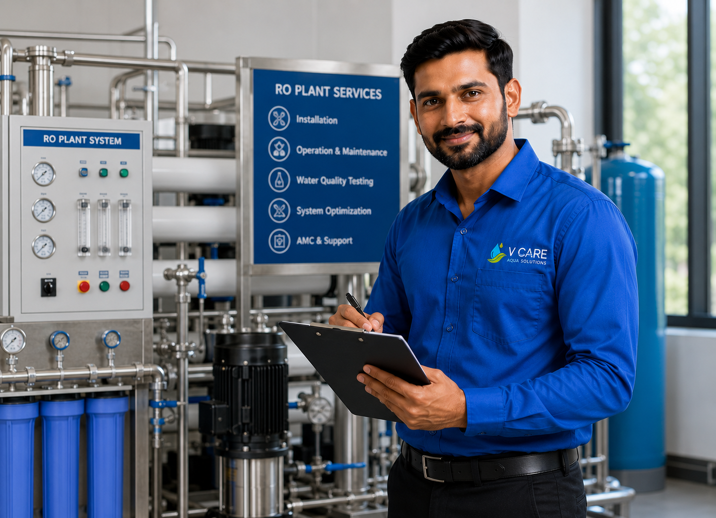 RO plant service technician inspecting a commercial RO system in Bangalore