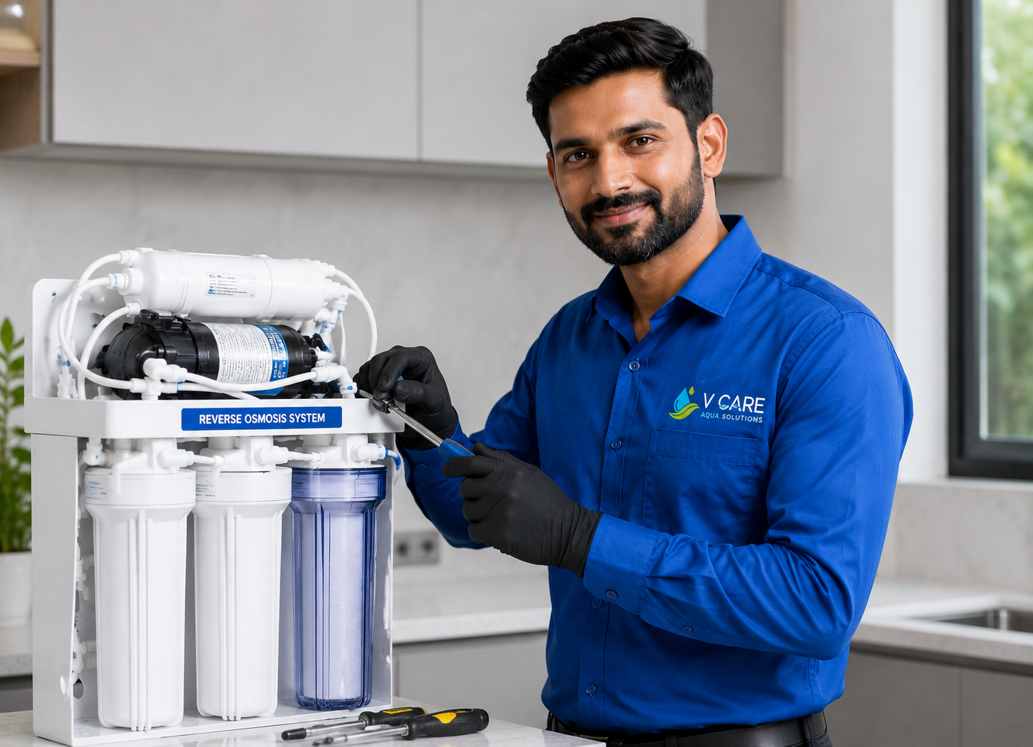 V Care Aqua Solutions RO service technician in Bangalore